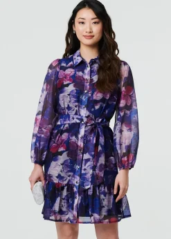 Izabel London Blue Floral Tie Waist Mini Shirt Dress