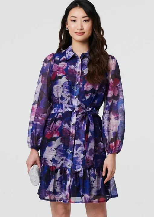 Izabel London Blue Floral Tie Waist Mini Shirt Dress