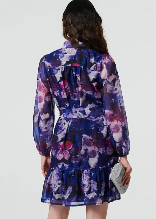Izabel London Blue Floral Tie Waist Mini Shirt Dress