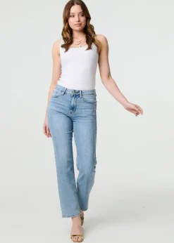 Izabel London Blue Floral Pocket Patch Straight Fit Jeans
