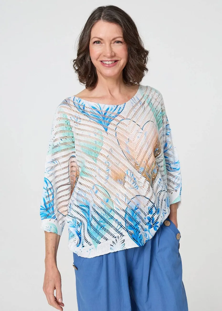 Izabel London Blue Heart Print Open Knit 3/4 Sleeve Top