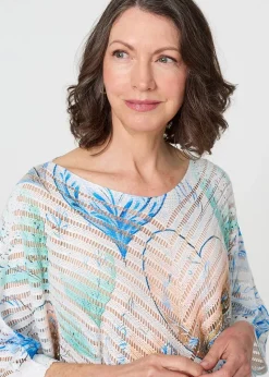 Izabel London Blue Heart Print Open Knit 3/4 Sleeve Top