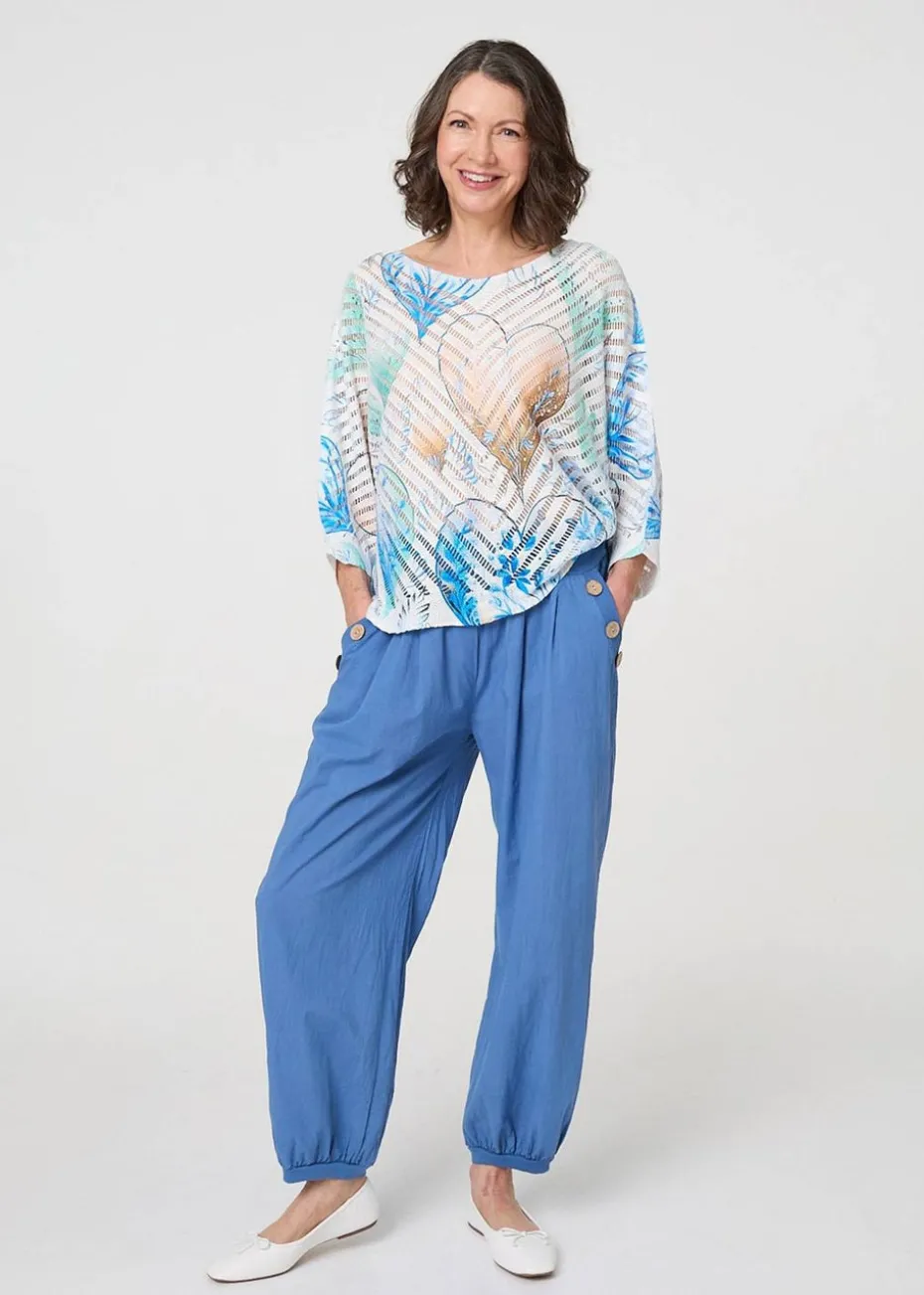 Izabel London Blue Heart Print Open Knit 3/4 Sleeve Top