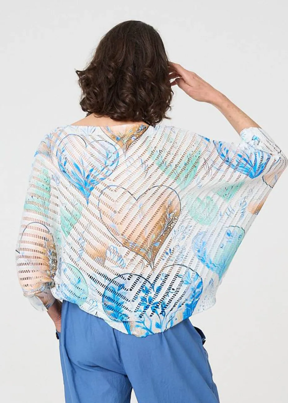 Izabel London Blue Heart Print Open Knit 3/4 Sleeve Top
