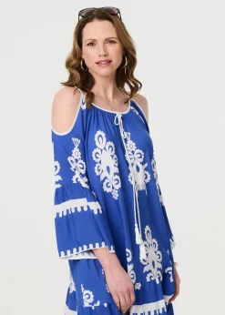 Izabel London Blue Ikat Print Cut Out Knee Length Sun Dress