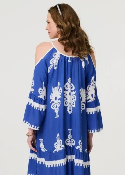 Izabel London Blue Ikat Print Cut Out Knee Length Sun Dress