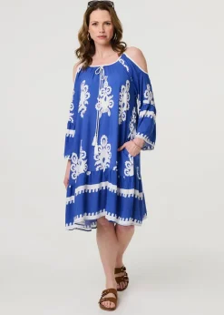 Izabel London Blue Ikat Print Cut Out Knee Length Sun Dress