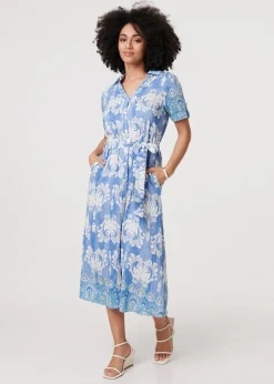 Izabel London Blue Ikat Print Tie Waist Midi Shirt Dress