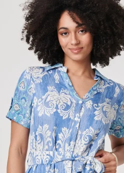Izabel London Blue Ikat Print Tie Waist Midi Shirt Dress