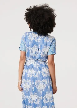 Izabel London Blue Ikat Print Tie Waist Midi Shirt Dress