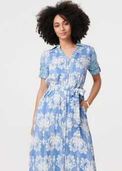 Izabel London Blue Ikat Print Tie Waist Midi Shirt Dress