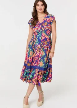 Izabel London Blue Ikat Print Lace Trim Midi Smock Dress