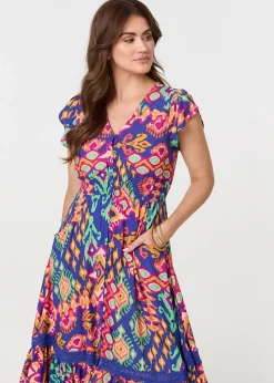 Izabel London Blue Ikat Print Lace Trim Midi Smock Dress