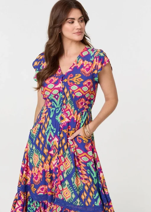Izabel London Blue Ikat Print Lace Trim Midi Smock Dress