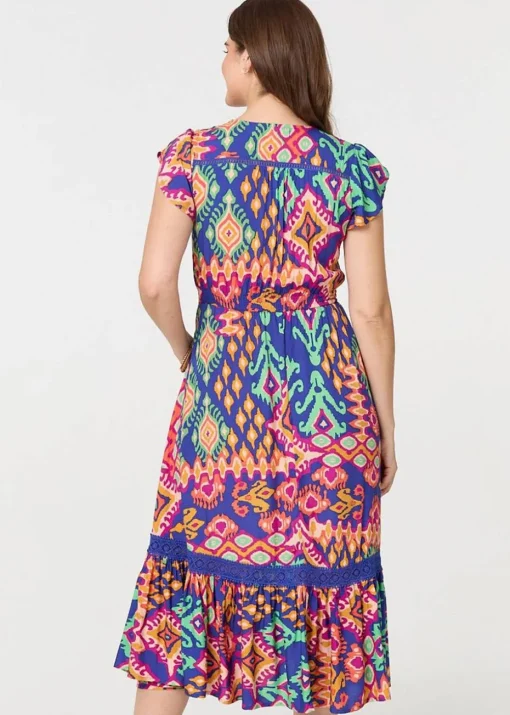 Izabel London Blue Ikat Print Lace Trim Midi Smock Dress