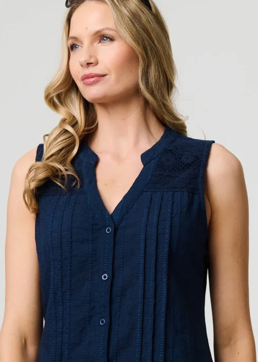 Izabel London Blue Lace Trim Sleeveless V Neck Blouse
