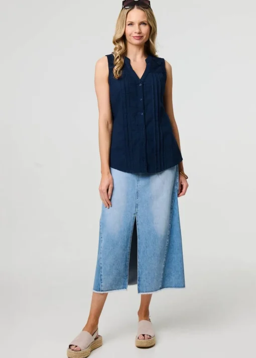 Izabel London Blue Lace Trim Sleeveless V Neck Blouse