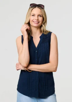 Izabel London Blue Lace Trim Sleeveless V Neck Blouse
