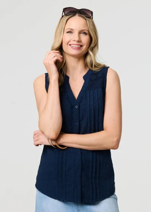 Izabel London Blue Lace Trim Sleeveless V Neck Blouse
