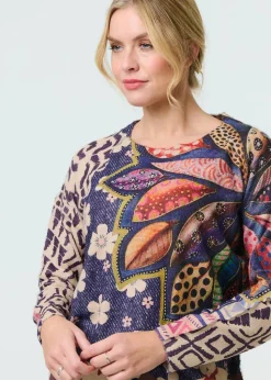 Izabel London Blue Leaf Print Drop Shoulder Jumper