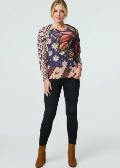 Izabel London Blue Leaf Print Drop Shoulder Jumper