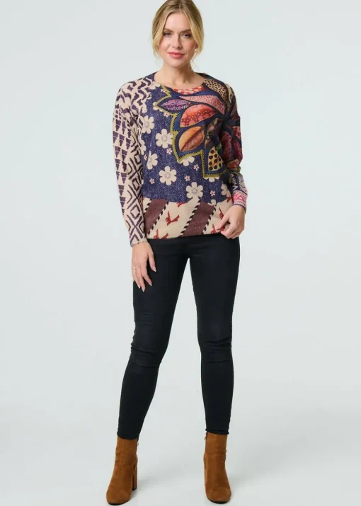 Izabel London Blue Leaf Print Drop Shoulder Jumper