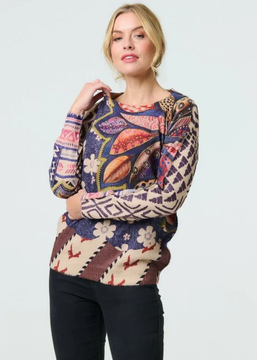 Izabel London Blue Leaf Print Drop Shoulder Jumper