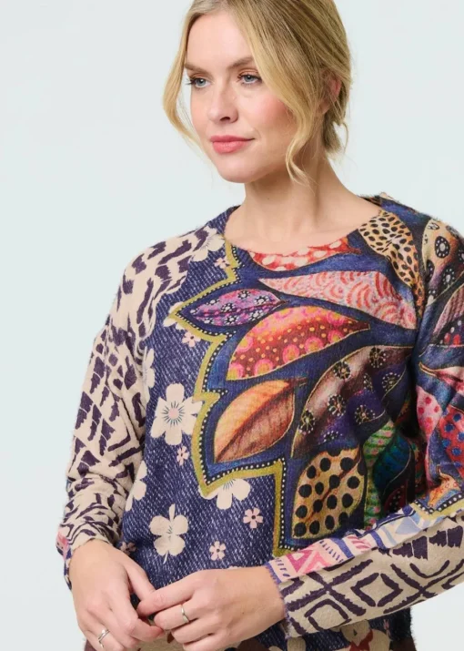Izabel London Blue Leaf Print Drop Shoulder Jumper