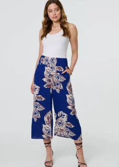 Izabel London Blue Leaf Print High Waist Wide Leg Trousers