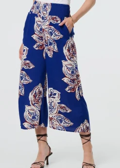 Izabel London Blue Leaf Print High Waist Wide Leg Trousers