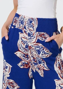 Izabel London Blue Leaf Print High Waist Wide Leg Trousers