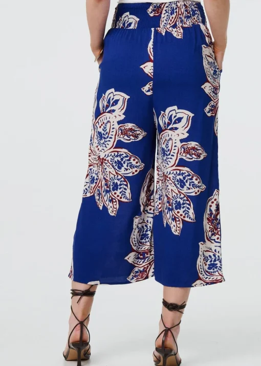 Izabel London Blue Leaf Print High Waist Wide Leg Trousers
