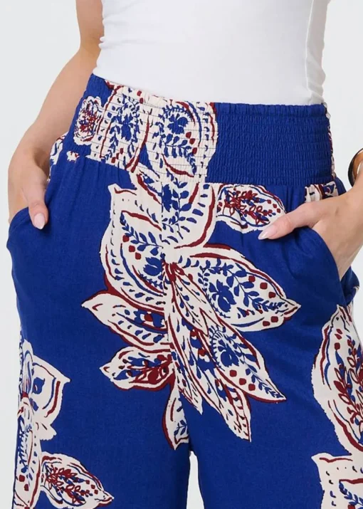 Izabel London Blue Leaf Print High Waist Wide Leg Trousers