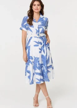 Izabel London Blue Leaf Print Belt Detail Midi Shirt Dress