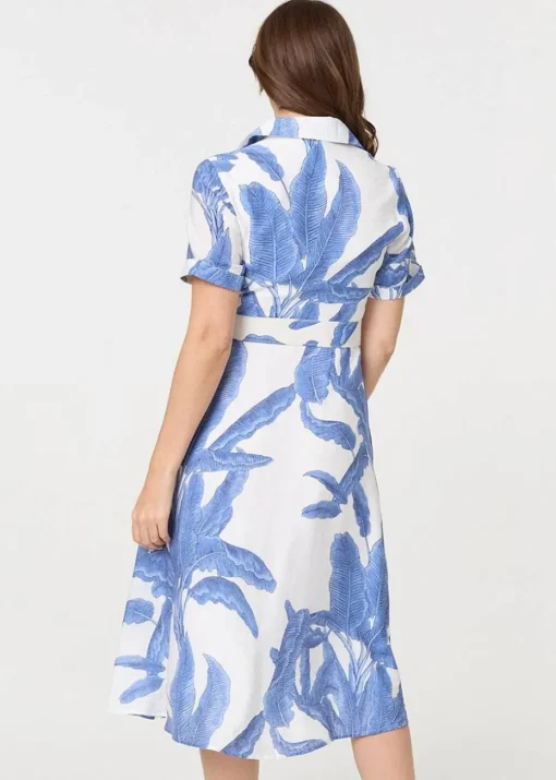 Izabel London Blue Leaf Print Belt Detail Midi Shirt Dress