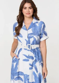 Izabel London Blue Leaf Print Belt Detail Midi Shirt Dress