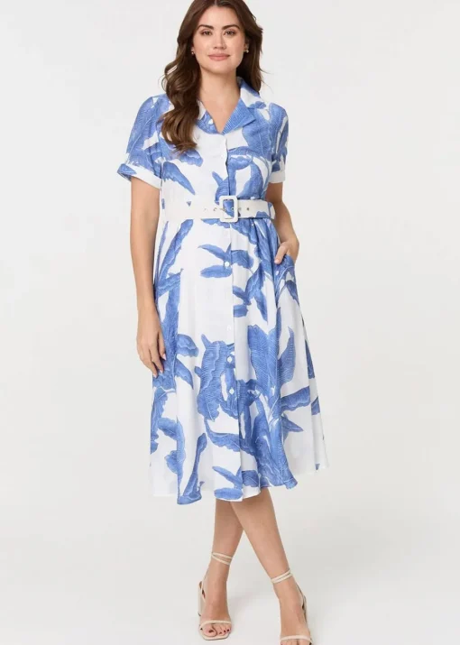 Izabel London Blue Leaf Print Belt Detail Midi Shirt Dress