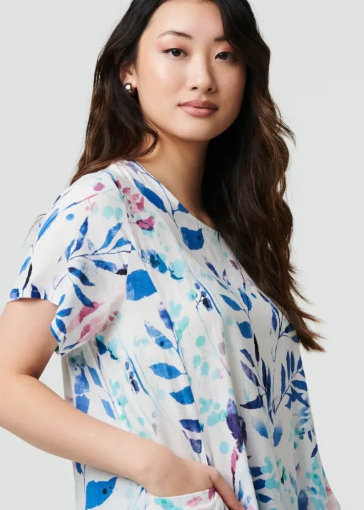 Izabel London Blue Leaf Print Pocket Front Short Shift Dress