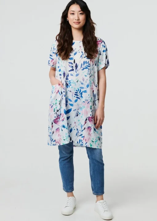 Izabel London Blue Leaf Print Pocket Front Short Shift Dress