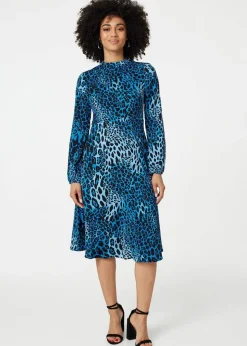 Izabel London Blue Leopard Print Long Sleeve Mini Dress