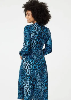 Izabel London Blue Leopard Print Long Sleeve Mini Dress