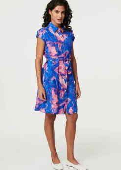 Izabel London Blue Marble Print Knee Length Shirt Dress
