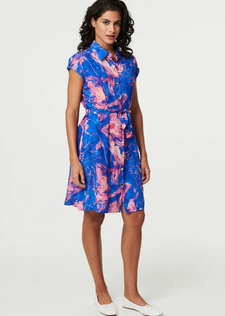 Izabel London Blue Marble Print Knee Length Shirt Dress