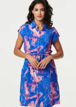 Izabel London Blue Marble Print Knee Length Shirt Dress