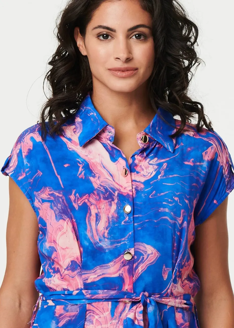 Izabel London Blue Marble Print Knee Length Shirt Dress