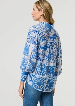 Izabel London Blue Mosaic Print Puff Sleeve Shirt