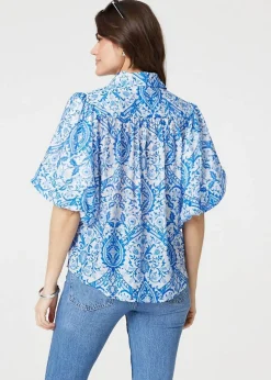 Izabel London Blue Paisley Print Puff 1/2 Sleeve Shirt