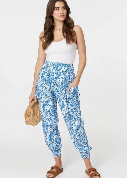 Izabel London Blue Paisley Print High Waist Harem Pants