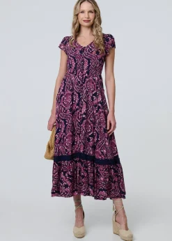 Izabel London Blue Paisley Cap Sleeve Lace Trim Maxi Dress