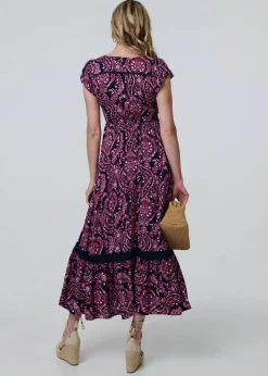 Izabel London Blue Paisley Cap Sleeve Lace Trim Maxi Dress